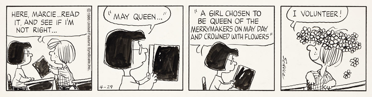 CHARLES SCHULZ (1922-2000) May Queen... Original Peanuts daily comic.